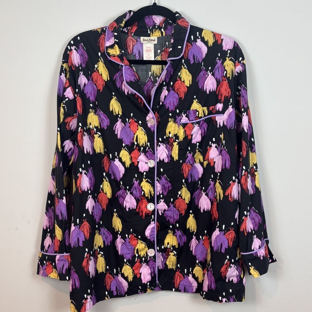 Bed Head Womens 100% Cotton Colorful Button Front Long Sleeve Pajama Shirt SZ SM